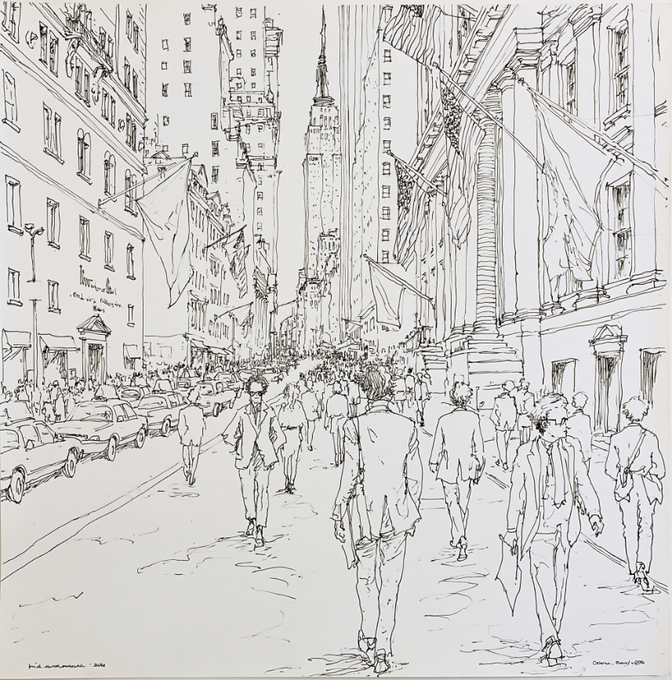A black-and-white pen-and-ink illustration depicts a bustling Wall Street scene in New York City, with crowds of businessmen and pedestrians walking along the sidewalk, cars lined up on the street, and the iconic Empire State Building rising in the distance, framed by towering classical buildings and American flags.

The image evokes the historic heart of American finance on Wall Street, visually echoing the post's theme of institutional finance quietly beginning to migrate onto onchain infrastructure like Canton Network and DTCC.