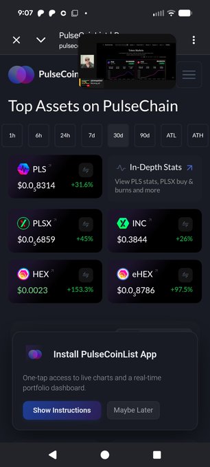 The image shows a screenshot from PulseCoinList displaying the top assets on PulseChain, with PLS up 31.6% to $0.8314, PLSX up 45% to $0.6859, HEX up 153.3% to $0.0023, INC up 26% to $0.3844, and eHEX up 97.5% to $0.8786. The post emphasizes looking at monthly charts rather than daily fluctuations, arguing that sustainable gains require patience through pullbacks despite negative commentary—a sentiment reinforced by the strong monthly gains shown across all listed PulseChain assets.