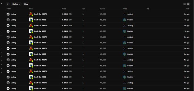 A screenshot of an OpenSea "Activity" tab for the "Chimp" collection displays a long list of repetitive "Listing" events for Cash Cow NFTs (#9976, #9966, #9908, #9876, etc.), all priced identically at 0.0411 ETH and alternating rapidly between accounts like "LokiDog" and "Curatio" within minutes, visually illustrating the bot-driven wash listing activity flagged in the post.