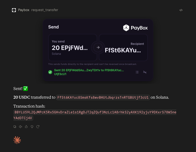 A screenshot of a Paybox interface confirming a successful transfer of 20 USDC (EPjFWdd...) from the sender to recipient FfSt6KAYuc8SmsKfs8wVHUtJbqrzslnRTGBUtjff3cU1 on Solana, with transaction hash BBYLU59L2QJMPcK5Rx5GHvDraZLe1s1RgDJT2qZQuf3NzLc1A8rhkS2yAXK192yjuY9DXxrS78W5neYAdDTCj4V. The post celebrates the PayBox transaction experience.