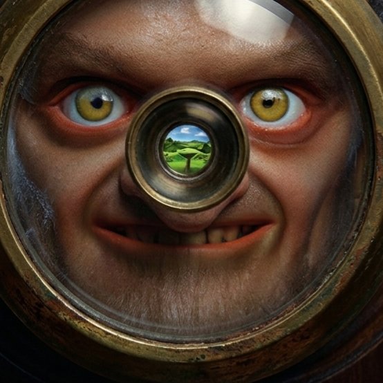 A surreal close-up of a man's face looking through a circular metal porthole or lens, with the reflection of a small green landscape visible in the center of his nose lens.