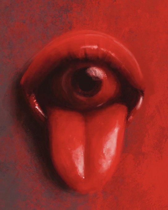 A close-up, painterly digital artwork of a glossy red eye with a wide pupil and a long, smooth red tongue extending downward, set against a textured red background.