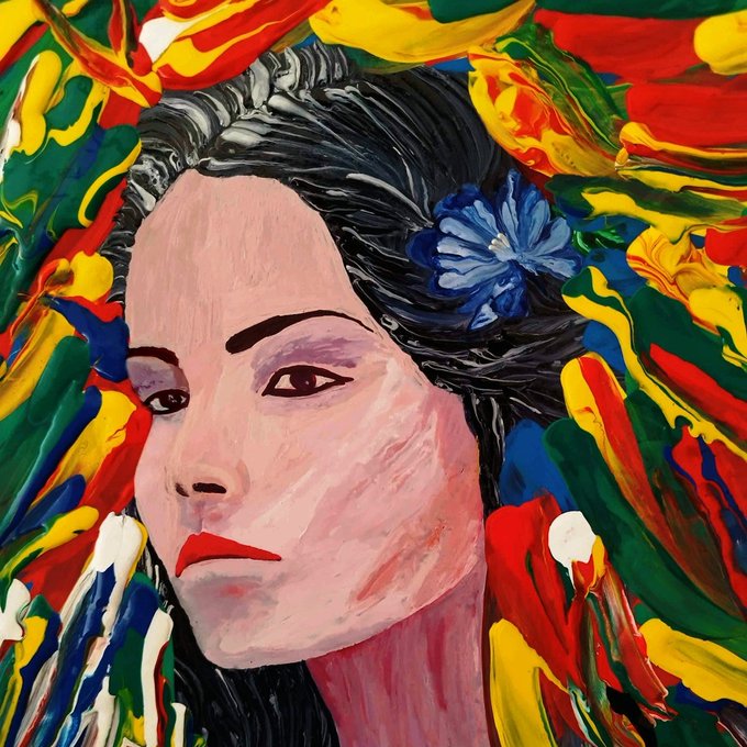 A vibrant portrait painting depicts a woman with dark hair adorned by a blue flower, surrounded by an explosion of bold brushstrokes in red, yellow, green, and blue that seem to emanate from her presence.

The accompanying caption reflects the artwork's theme of "Experience"—the swirling, multicolored background visually embodies the diverse memories, emotions, and moments that shape identity, with each vivid color stroke representing the marks life leaves on us.