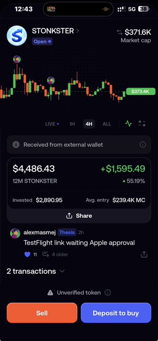 A mobile app screenshot displaying token details for '$TONKSTER' with a market cap of $371.6K, showing a candlestick chart and a portfolio position of $4,486.43 (+55.19%).