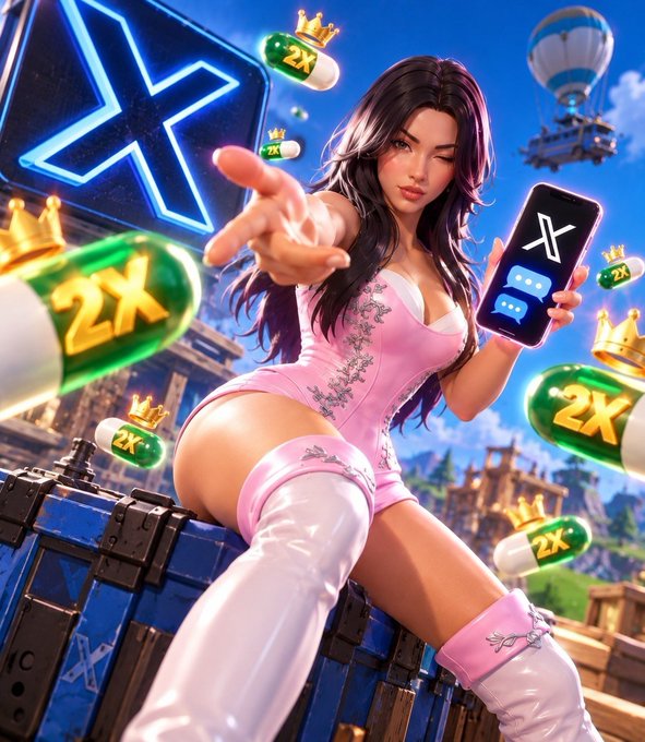 A promotional artwork featuring a woman in pink holding a smartphone with the X (Twitter) logo, surrounded by floating pills labeled '2X' with crowns, a large neon X logo, and a hot air balloon in a fantasy landscape.