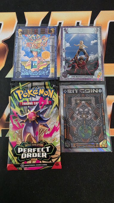 A collection of four Pokemon trading cards, including "The Lost City", "Pikachu", and "Bulbasaur", are arranged on a black surface with the text "Perfect Order" visible.