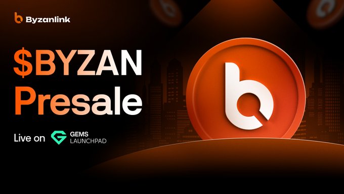 Promotional graphic announcing the "$BYZAN Presale," featuring the Byzanlink logo (a stylized white "b" on an orange coin) alongside the text "Live on GEMS LAUNCHPAD," set against a dark cityscape silhouette—directly illustrating the social post's announcement that the presale is now live on Gems Launchpad.