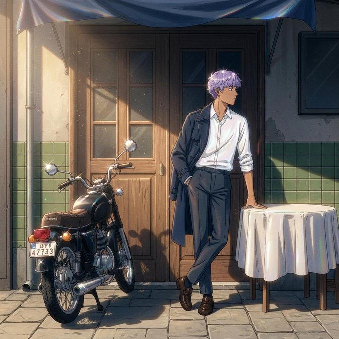 An anime-style illustration of a man with purple hair in a white shirt, dark coat, and trousers standing next to a motorcycle in front of wooden doors.