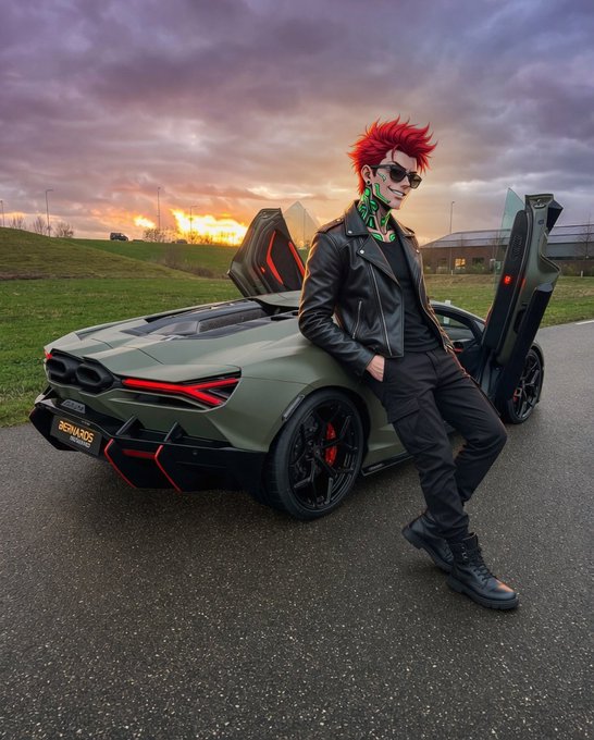 A person with bright red hair, sunglasses, and a black leather jacket poses confidently between the open scissor doors of an olive green sports car at sunset, with a "NEWARDS" license plate visible on the rear.

The image doesn't appear related to the post's content about Quant AI, Quip Network, or market analysis—it's a stylized portrait rather than a financial chart or data visualization.