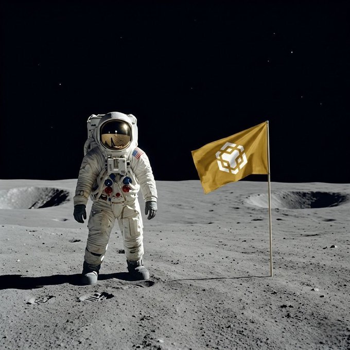 The image features an astronaut standing on a moon surface with a flagpole nearby. The flag has a yellow design on it that includes a white cube symbol. The caption reads "The mission is simple: Build, grow, and push BNB further." This suggests that the astronaut's role might be to help build or expand the base of the space station, which could include conducting research or performing maintenance tasks.