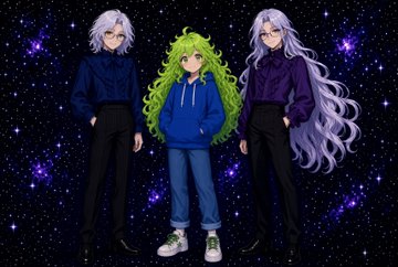 An anime-style illustration of three characters — a tall figure with white hair in blue, a smaller figure with green hair in a hoodie, and another tall white-haired figure in purple — standing against a starry galaxy background.