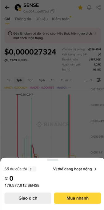 A screenshot of a Binance app displays the 'SENSE' token page with a price of $0,000027324, a warning that the token has high volatility, and a chart showing price activity over a 1-hour timeframe.