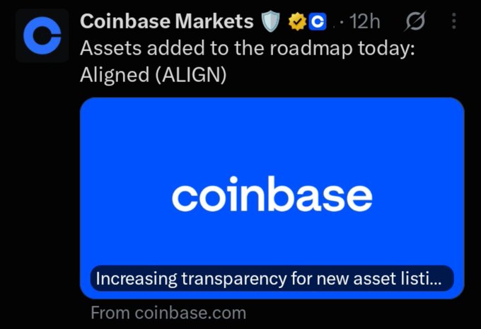 A Coinbase Markets social media post announces that Aligned (ALIGN) has been added to the Coinbase asset roadmap, featuring a blue Coinbase banner with the tagline "Increasing transparency for new asset listi..."—signaling progress toward Alignedlayer's TGE with key details including a 10B total supply and an 8.74% airdrop allocation.