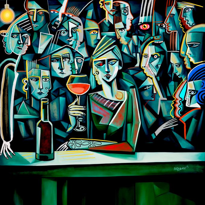 A vibrant cubist-style painting depicts a woman holding a glass of red wine at a bar, surrounded by stylized fragmented faces of a crowd, with a wine bottle on the counter. The artist's signature "Dylan '25" appears in the bottom right corner, linking the artwork to Dylan Gill's NFT collections on platforms like SuperRare and Foundation, shared in the post to celebrate the creative spirit amid the UK's heatwave.