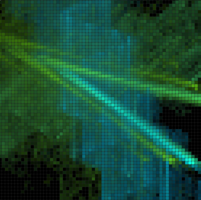 An abstract, pixelated digital artwork featuring a mosaic-like pattern in shades of green, blue, and black.