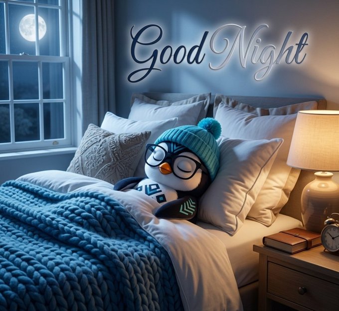 The image features a cozy bedroom scene, including a bed with white sheets and blue blankets, a stuffed penguin wearing glasses and a hat, and a nightstand next to the bed holding a lamp and books. The background of the image shows a full moon, which adds to the overall ambiance of the room. The post includes text that reads "Good Night" and "Goodnight bros, see ya Bros, ready for crypto that survives quantum attacks? Quip adds real post-quantum armor. Tria turns chains into smooth AI banking. ARC Terminal keeps projects alive with smart memory." This message seems to be a lighthearted joke or meme about the importance of sleep and staying up-to-date on the latest developments in cryptocurrency technology, as well as a reference to the popular game "Minecraft".