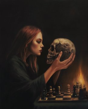 A dark, moody painting depicts a red-haired woman holding a human skull, positioned near a chessboard and a flickering candle.