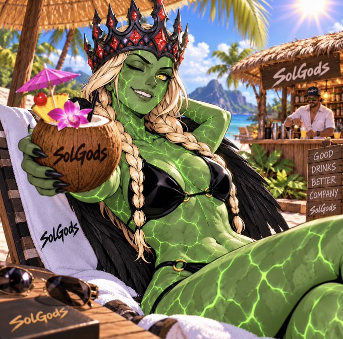 Fantasy illustration of a green-skinned blonde woman in a black bikini and spiked crown lounging at a tropical beach bar, holding a 'SolGods' coconut drink, with branding visible throughout.