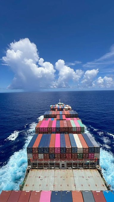 An aerial view from a large container ship loaded with stacks of colorful shipping containers, cruising through blue ocean waters under a partly cloudy sky.