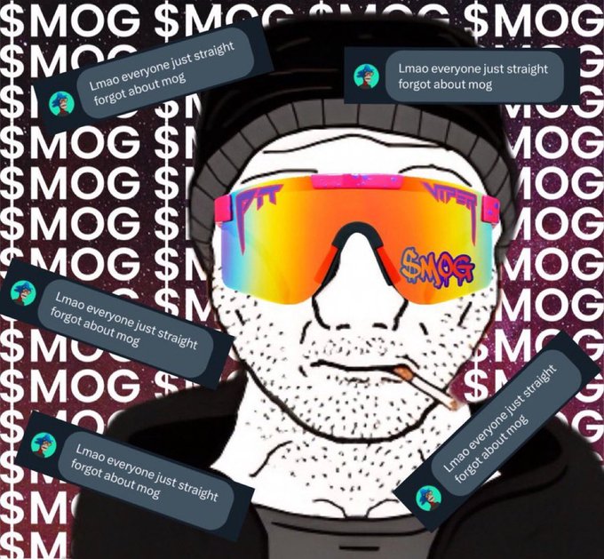 A Wojak-style meme featuring a character wearing a beanie and colorful ski goggles branded with "$MOG," surrounded by repeated "$MOG" text and Discord messages reading "Lmao everyone just straight forgot about mog."
