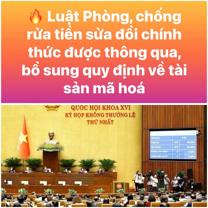 A Vietnamese news graphic with the headline 'Luật Phòng, chống rửa tiền sửa đổi chính thức được thông qua, bổ sung quy định về tài sản mã hoá' (Anti-money laundering law officially passed, adding regulations on crypto assets), showing the Vietnamese National Assembly with voting results displayed.