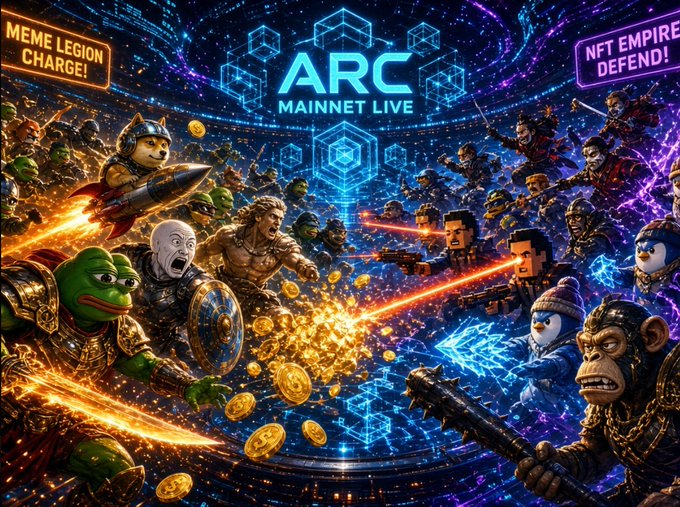 A vibrant digital battle scene featuring meme characters and warriors clashing around floating gold coins, with text reading 'ARC MAINNET LIVE', 'MEME LEGION CHARGE!', and 'NFT EMPIRE DEFEND!'.