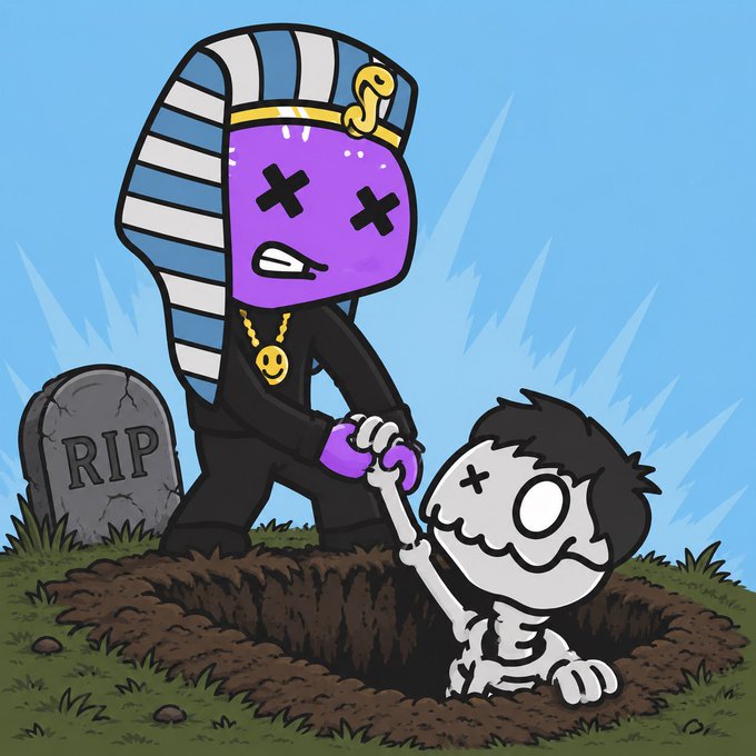 A cartoon drawing depicts a purple character dressed as an Egyptian pharaoh pulling a skeleton out of a grave next to a tombstone labeled 'RIP' against a blue sky.
