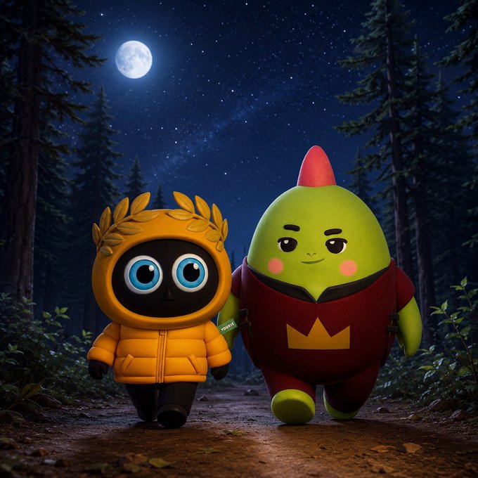 Two cartoon characters—one in a yellow puffy jacket with a leafy hood and another green blob-like figure in a red robe with a gold crown—stand together in a nighttime forest under a full moon.