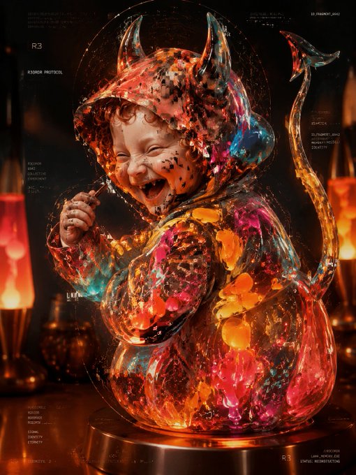 An artistic, highly textured image of a baby laughing inside a translucent, glowing devil costume with a tail, surrounded by UI text overlays like 'R3' and 'STONER PROTOCOL'.
