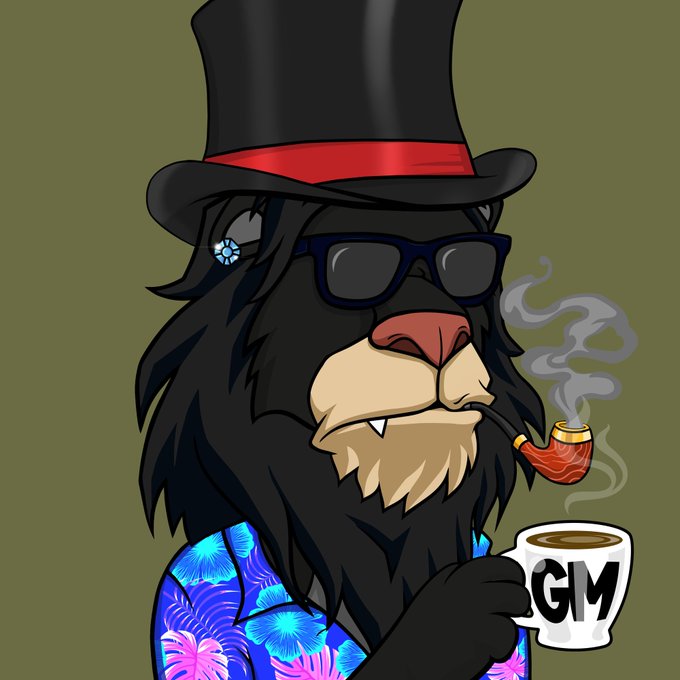 An illustration of a lion wearing a top hat, sunglasses, and a floral shirt, smoking a pipe and holding a white mug with the text 'GM'.