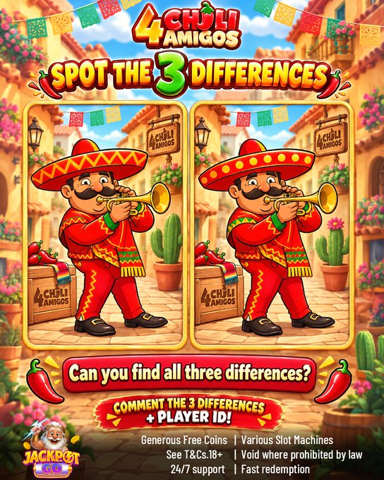 A '4 Chili Amigos - Spot the 3 Differences' promotional graphic showing two side-by-side cartoon images of a mariachi musician playing a trumpet, with text encouraging viewers to comment the differences plus their player ID for free coins at Jackpot 60.