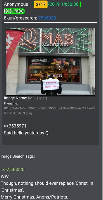 An anonymous 4chan-style post dated 2/17/2019 referencing '8kun/qresearch', featuring an image of someone holding a 'WUGWUG MERRY QMAS' sign outside a QMAS restaurant, with text reading 'Said hello yesterday Q'.