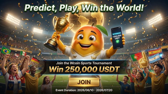 A promotional banner for the 'Wcoin Sports Tournament' offering 'Win 250,000 USDT' with a fruit mascot holding a trophy, running from 2026/06/10 to 2026/07/20.