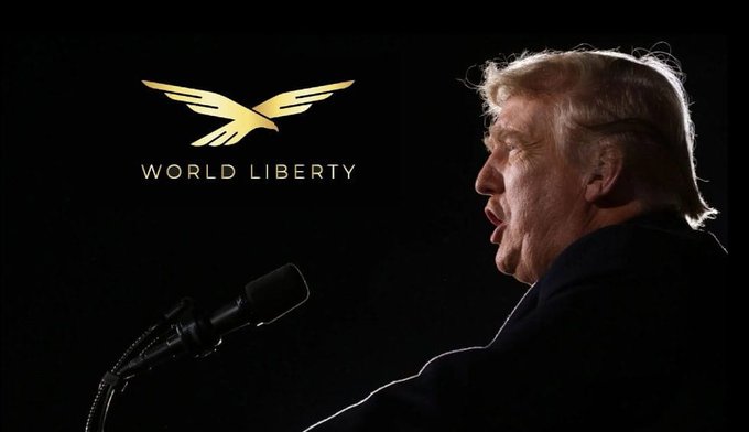 Side profile of Donald Trump speaking at a microphone next to the gold 'WORLD LIBERTY' eagle logo on a black background.