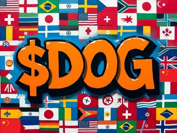 A graphic featuring the text '$DOG' in large orange bubble letters overlaid on a colorful background collage of various international flags.