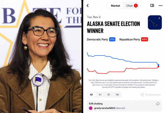 Split image showing a smiling woman with glasses and an EU pin on the left, alongside a Polymarket prediction market screen displaying 'ALASKA SENATE ELECTION WINNER' on Tue, Nov 3, with the Democratic Party at 51% and Republican Party at 49%.