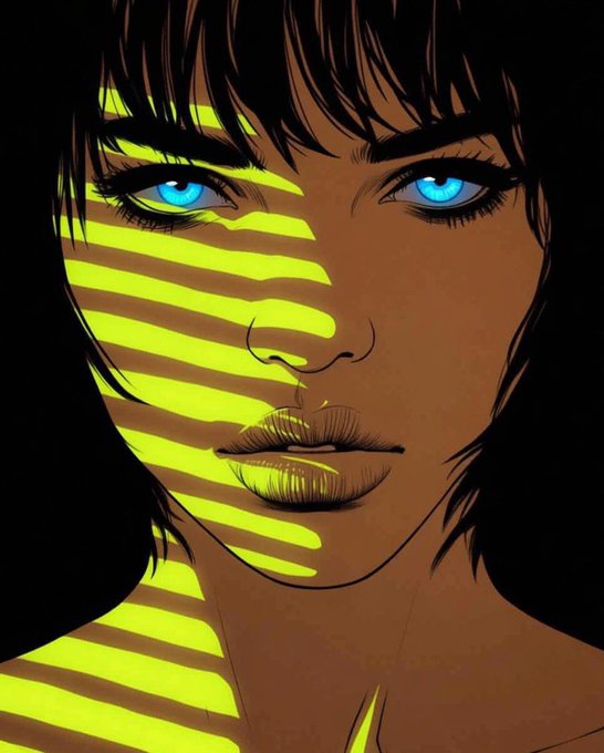 A digital illustration in comic book style showing a woman's face with striking blue eyes and dark hair, dramatically lit with bold yellow-green light stripes resembling window blinds.