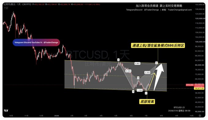 A BTC/USD daily candlestick chart shows a potential harmonic Shark pattern forming within a descending channel, with the price near $69,977 and an expected Point B target around $67,200 indicating a potential reversal zone. Annotations in Chinese highlight "潜在鲨鱼模式" (potential shark pattern) and "底部背离" (bottom divergence), with the chart tracking price action from October through early 2026.