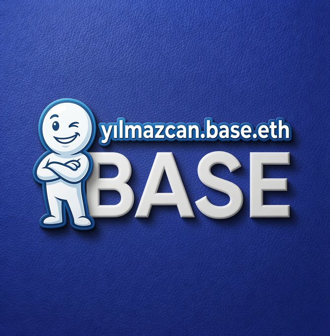 A blue background graphic featuring a smiling cartoon character next to the text 'yilmazcan.base.eth' and large 'BASE' lettering, likely branding for a Web3/Base blockchain identity.