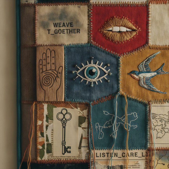 A patchwork textile art piece with embroidered squares including a pair of lips, an evil eye, a bird, a key, and a world map, with visible text patches reading 'WEAVE T_GOETHER' and 'LISTEN_CARE_L'.