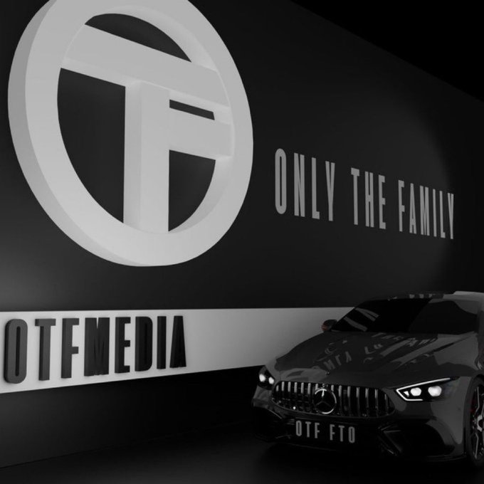 A black and white graphic for 'OTF MEDIA' with the tagline 'ONLY THE FAMILY,' featuring a large OTF logo and a Mercedes-Benz AMG car with an 'OTF FTO' license plate.