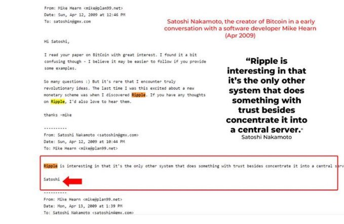 This image shows an email exchange from April 2009 between Bitcoin creator Satoshi Nakamoto and software developer Mike Hearn, in which Satoshi highlighted "Ripple" (in yellow) and commented: "Ripple is interesting in that it's the only other system that does something with trust besides concentrate it into a central server." The image supports the post's claim of Satoshi's early recognition of XRP as a unique trust-based system.