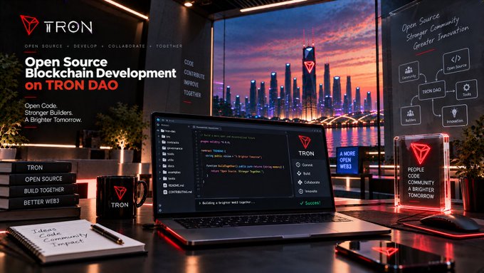 A promotional graphic for TRON DAO showcases 'Open Source Blockchain Development' text, a laptop displaying code, a city skyline at sunset, and items like a notebook reading 'Ideas Code Community Impact'.