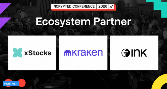 The image features a poster for an event, where three logos are displayed side by side - xStocks, Kraken, and Ink. The text "Incrusted Conference" suggests that this event is related to cryptocurrency or blockchain technology. The event appears to be taking place in Ukraine, as indicated by the caption "@inkonchain at the biggest crypto event in Kyiv". The image also includes a small crowd of people, which could imply that there are attendees present for the event.
