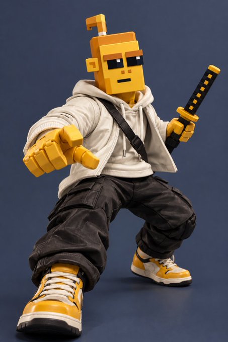 A stylized figure wearing a blocky, yellow robot-like head, a white hoodie, and black cargo pants, holding a black and yellow sword in a dynamic pose.