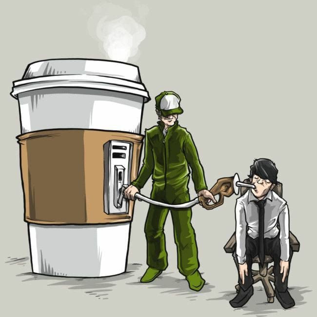 A cartoon illustration depicts a person in a green hazmat suit and respirator using a hose to extract energy from a giant coffee cup to power another exhausted person slumped in a chair.