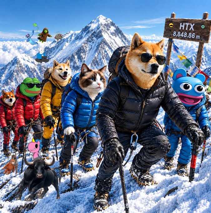A group of whimsical animal and cartoon characters in mountaineering gear pose at a snowy peak marked by a wooden sign reading "HTX 8,848.86 m," evoking the spirit of a triumphant Everest-like summit. The #LUNC tag ties the image to the Terra Classic crypto community, humorously suggesting the "to the moon" rally as a successful climb to a record-breaking price.