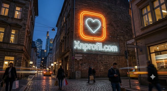 A nighttime city street scene features a glowing neon sign displaying a heart icon above the text "Xnprofil.com." The romantic, bustling urban atmosphere with its illuminated signage visually echoes the post's theme of Solana becoming a prominent force ("going crazy") in the growing entertainment and memecoin world, as promoted via the join.pump.fun link.