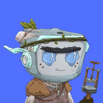 A cute cartoon character with a TV-shaped helmet/casing featuring crying blue eyes and a small smile, wearing fur-trimmed clothing and holding a mechanical device, set against a blue background.