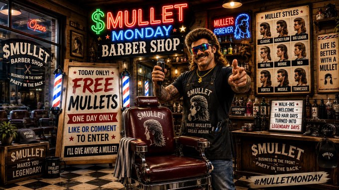 A vibrant barbershop advertisement for 'MULLET MONDAY BARBER SHOP' featuring a mustachioed barber with a mullet pointing at the camera, surrounded by signs offering free mullets, various mullet styles, and the slogan 'Business in the front, party in the back'.